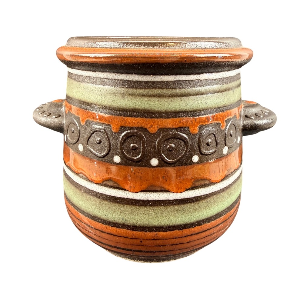 West German Studio Pottery Handled Jar Brutalist Earth Tone Bullseye WGP